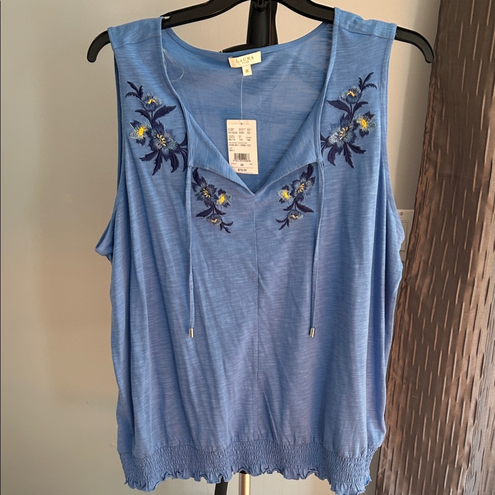 Laura 3X Blue Embroidered Women's Tank Top